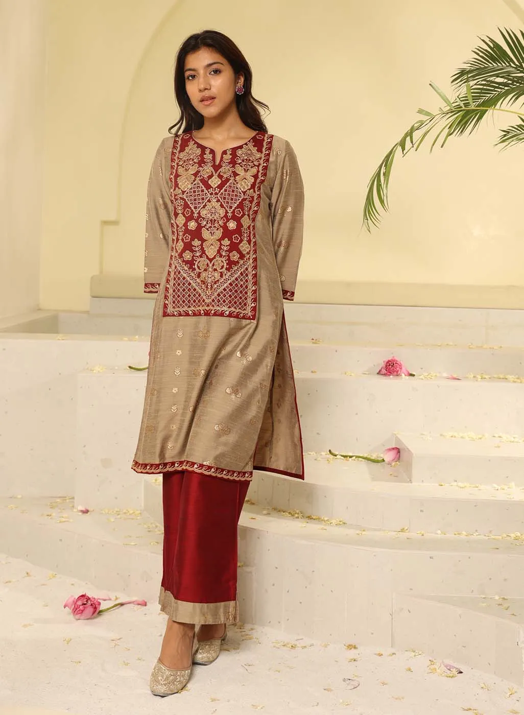 Maroon Embroidered Textured Fabric Kurta Set