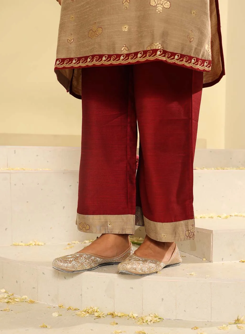 Maroon Embroidered Textured Fabric Kurta Set