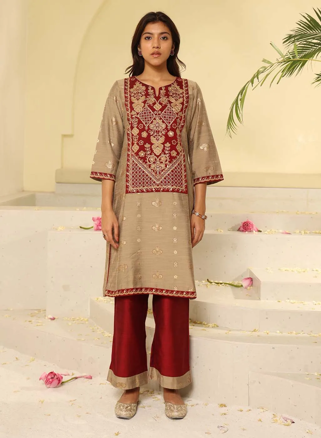 Maroon Embroidered Textured Fabric Kurta Set