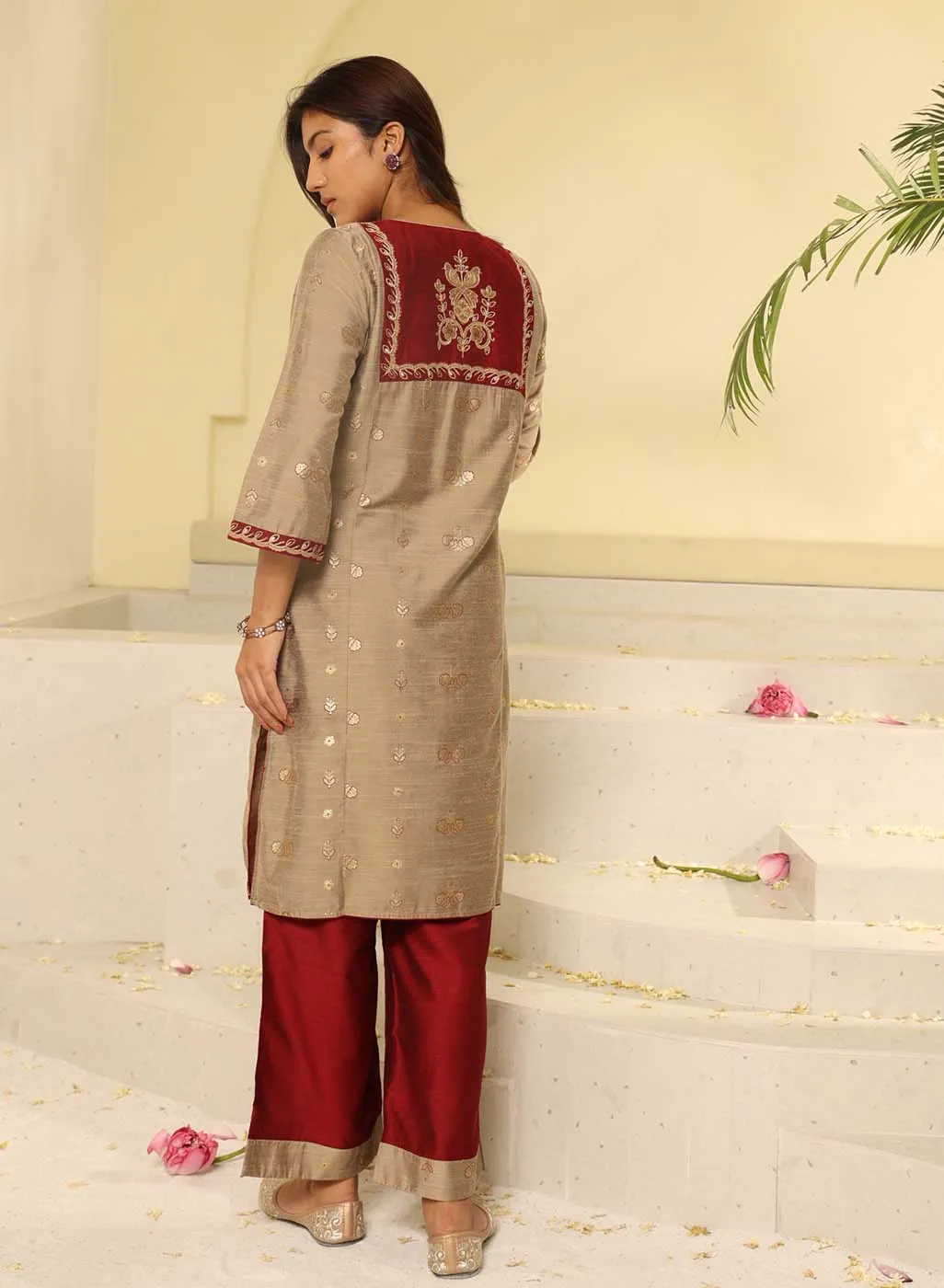 Maroon Embroidered Textured Fabric Kurta Set