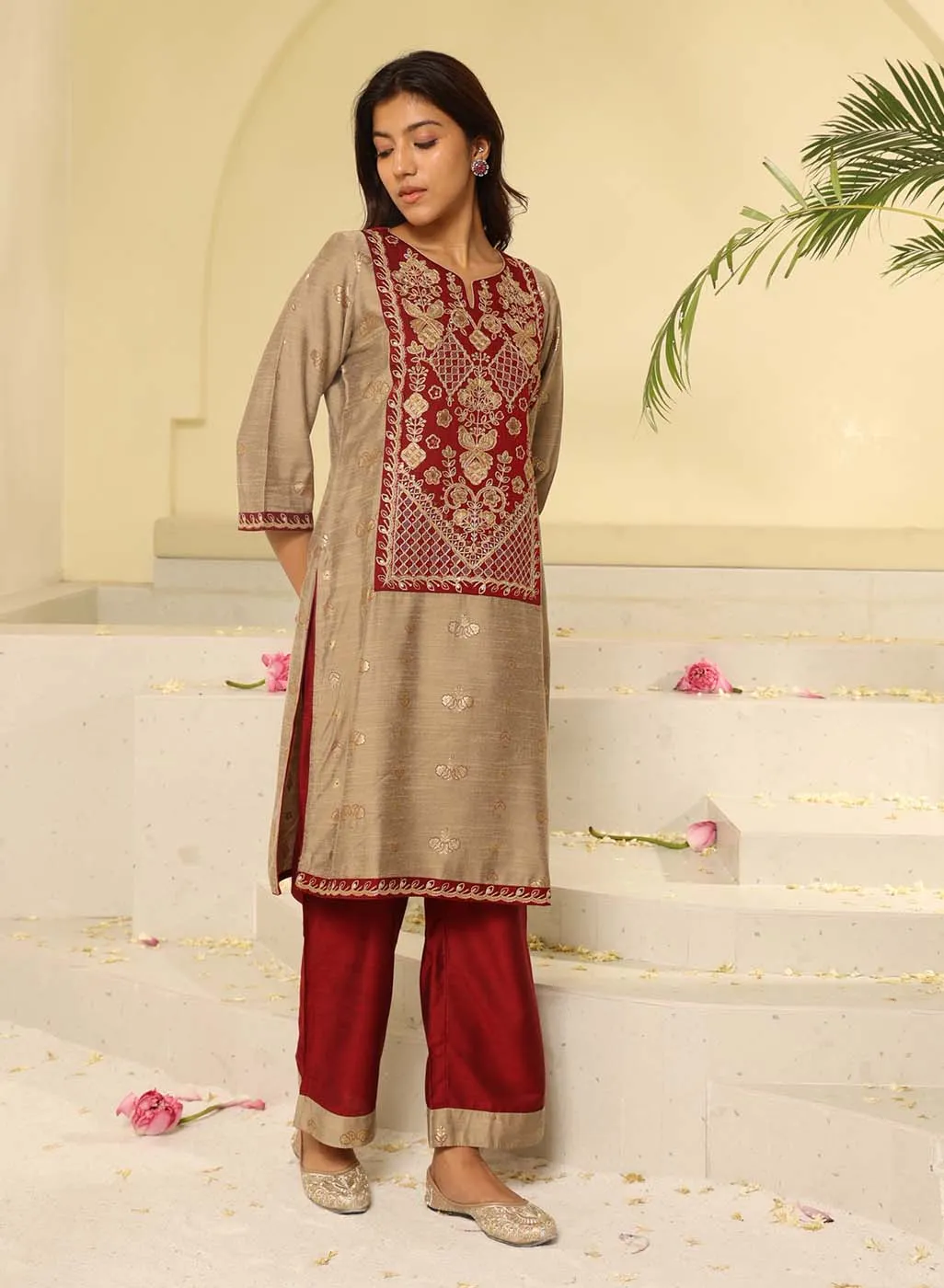 Maroon Embroidered Textured Fabric Kurta Set