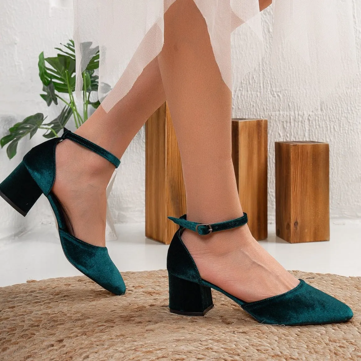 Miranda - Emerald Green Velvet Heels with Pearls