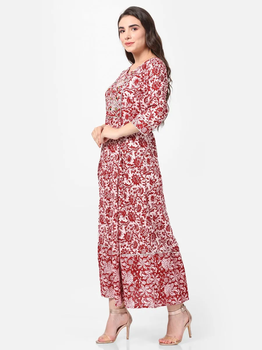 Off White Maroon Floral Printed Dress