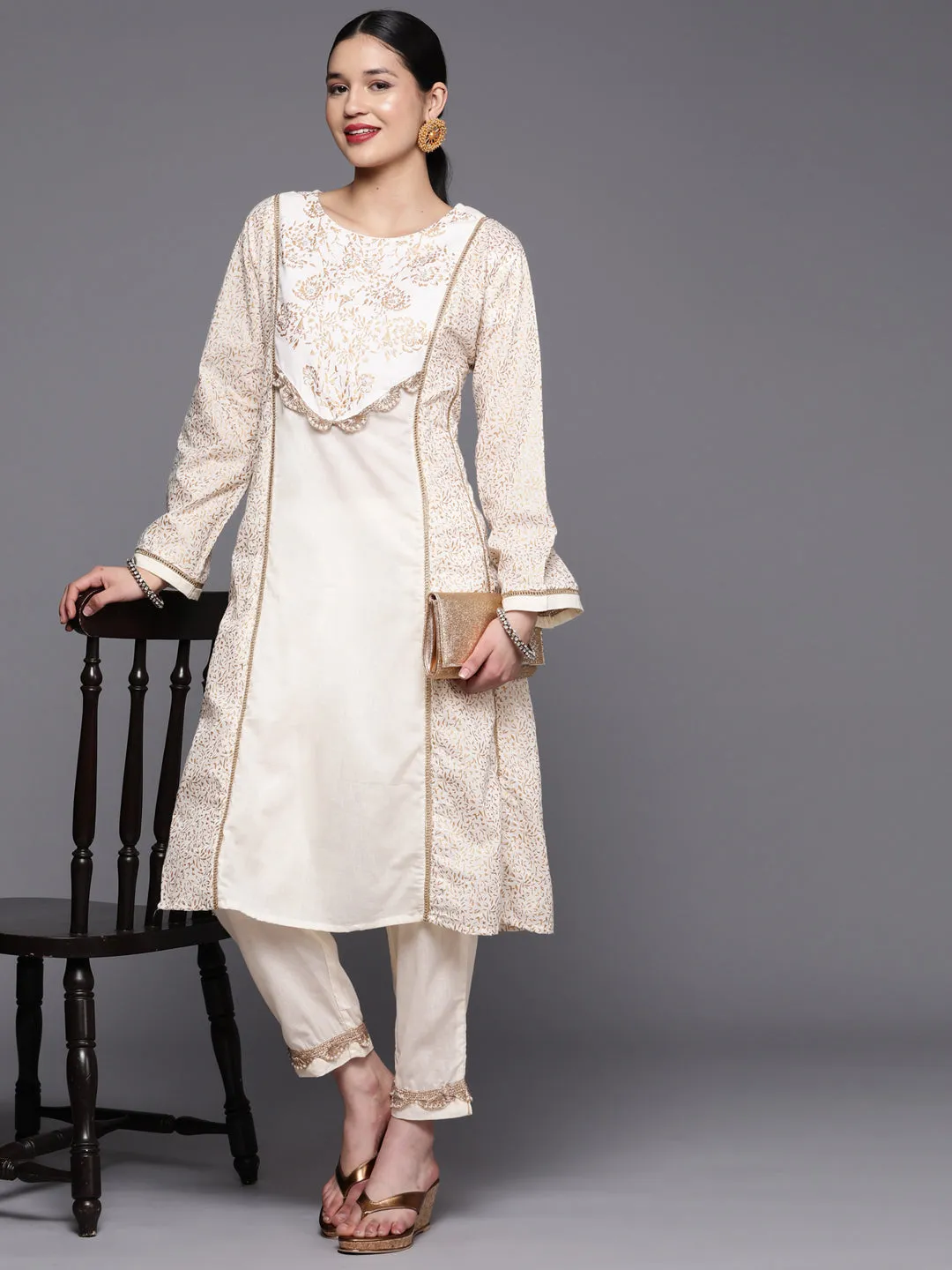 Off White Pure Cotton Printed Kurta Pant Set