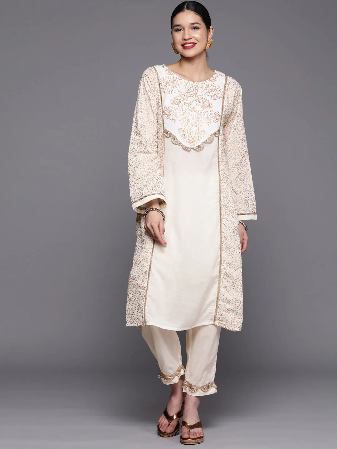 Off White Pure Cotton Printed Kurta Pant Set