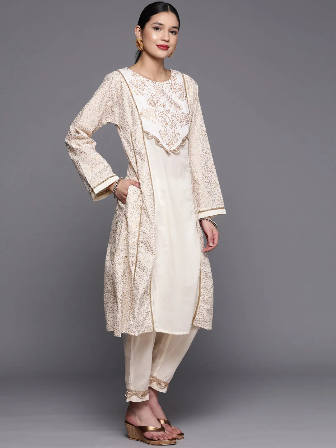 Off White Pure Cotton Printed Kurta Pant Set