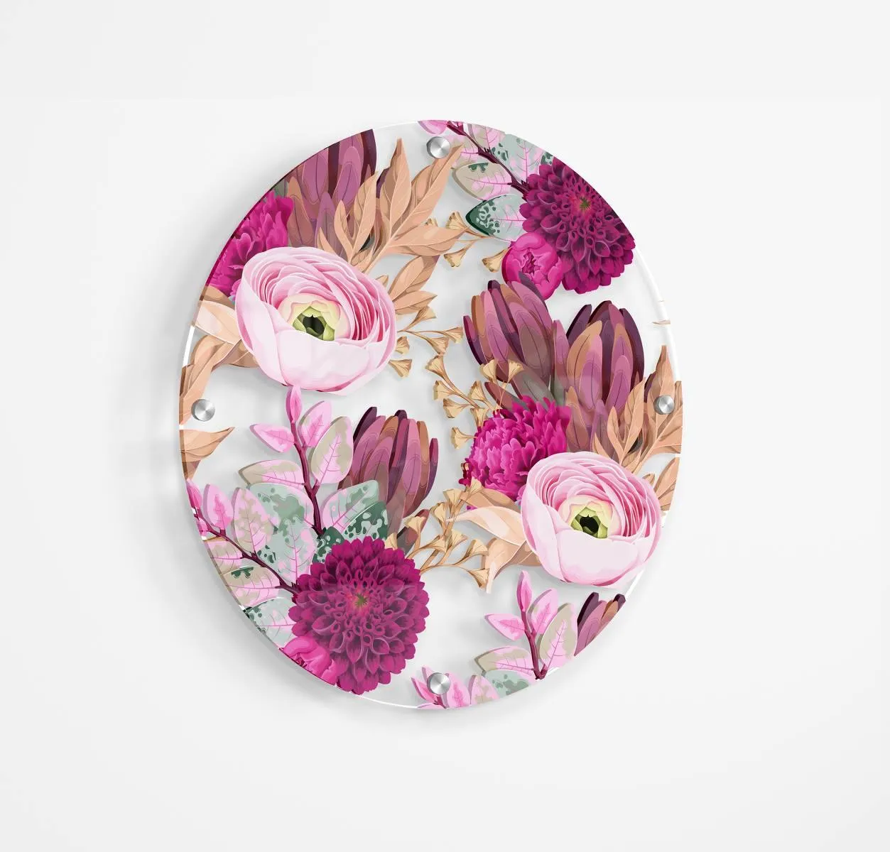 Pink Flowers Printed Transparent Acrylic Circle