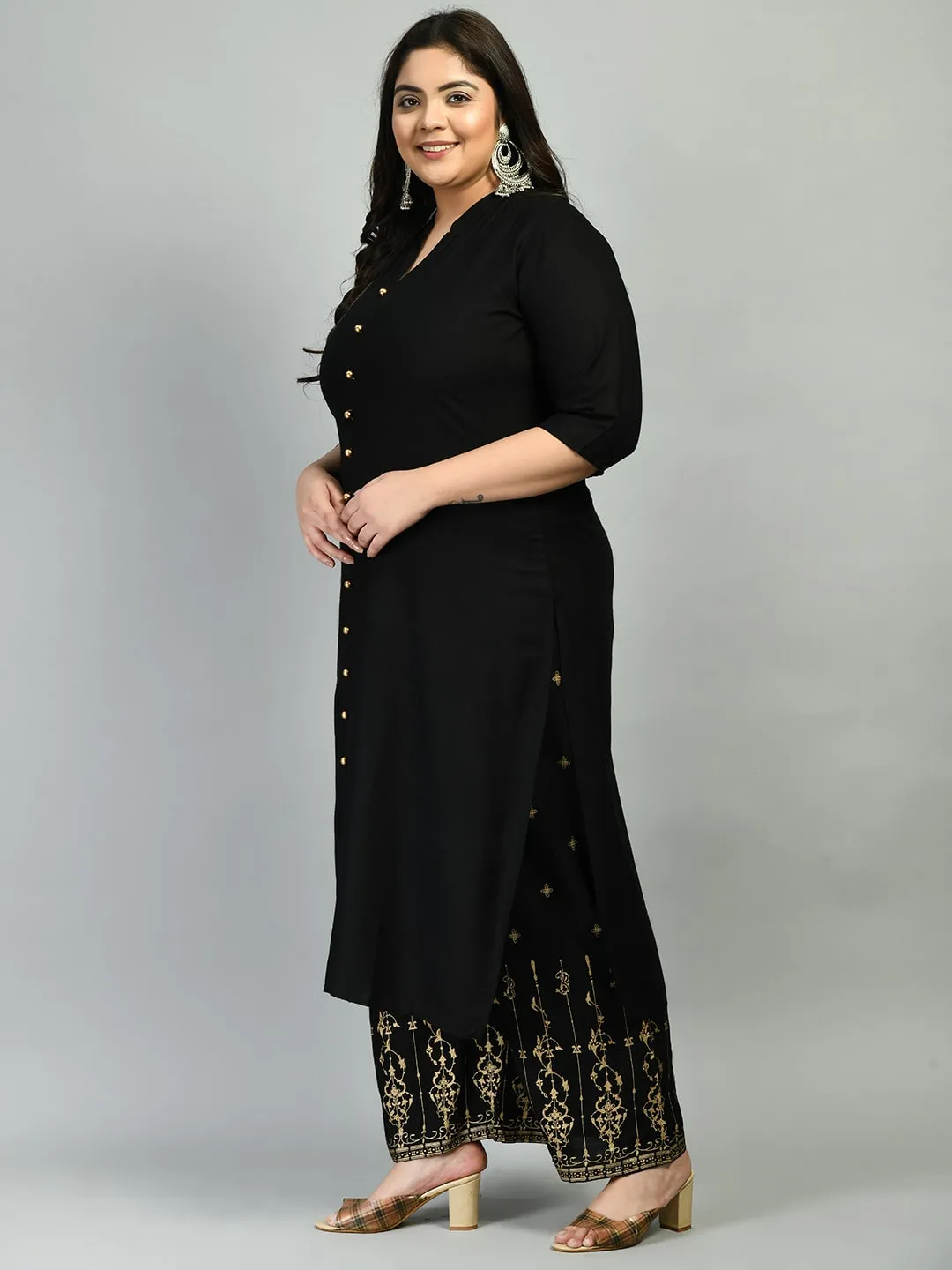 Plus Size Collared Black Kurta Palazzo Set