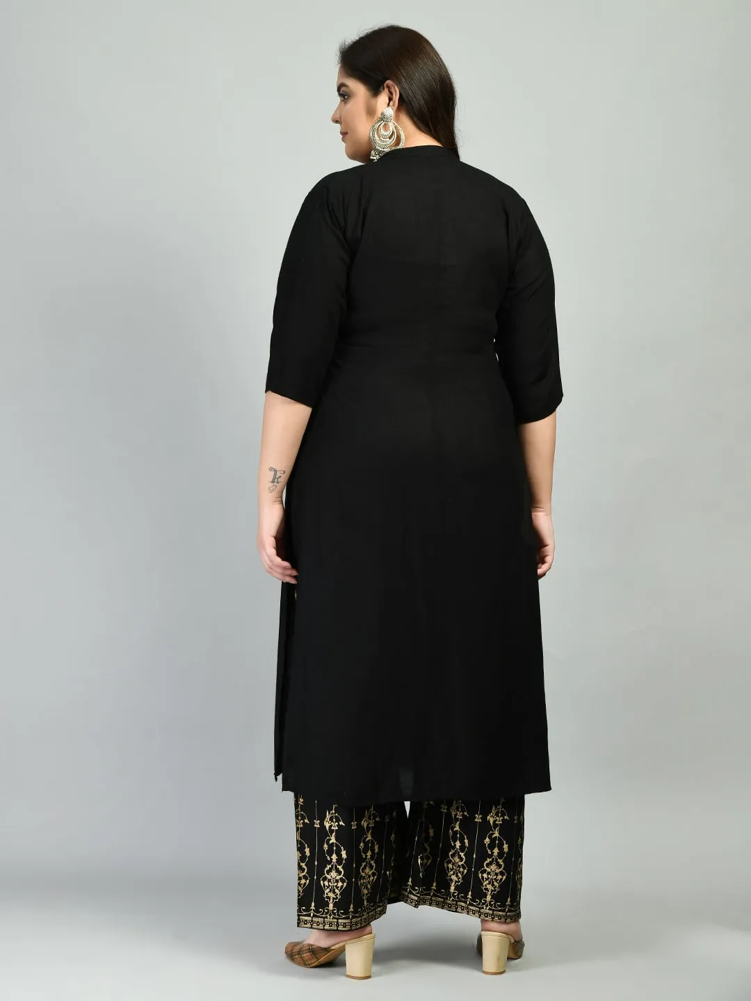 Plus Size Collared Black Kurta Palazzo Set