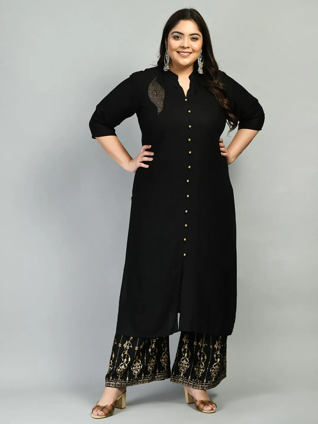 Plus Size Collared Black Kurta Palazzo Set