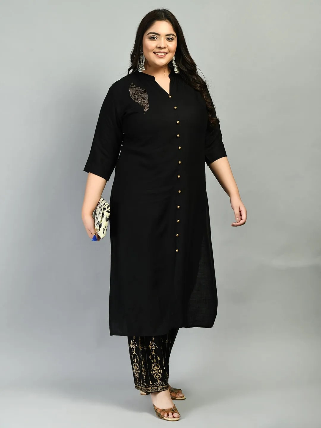 Plus Size Collared Black Kurta Palazzo Set