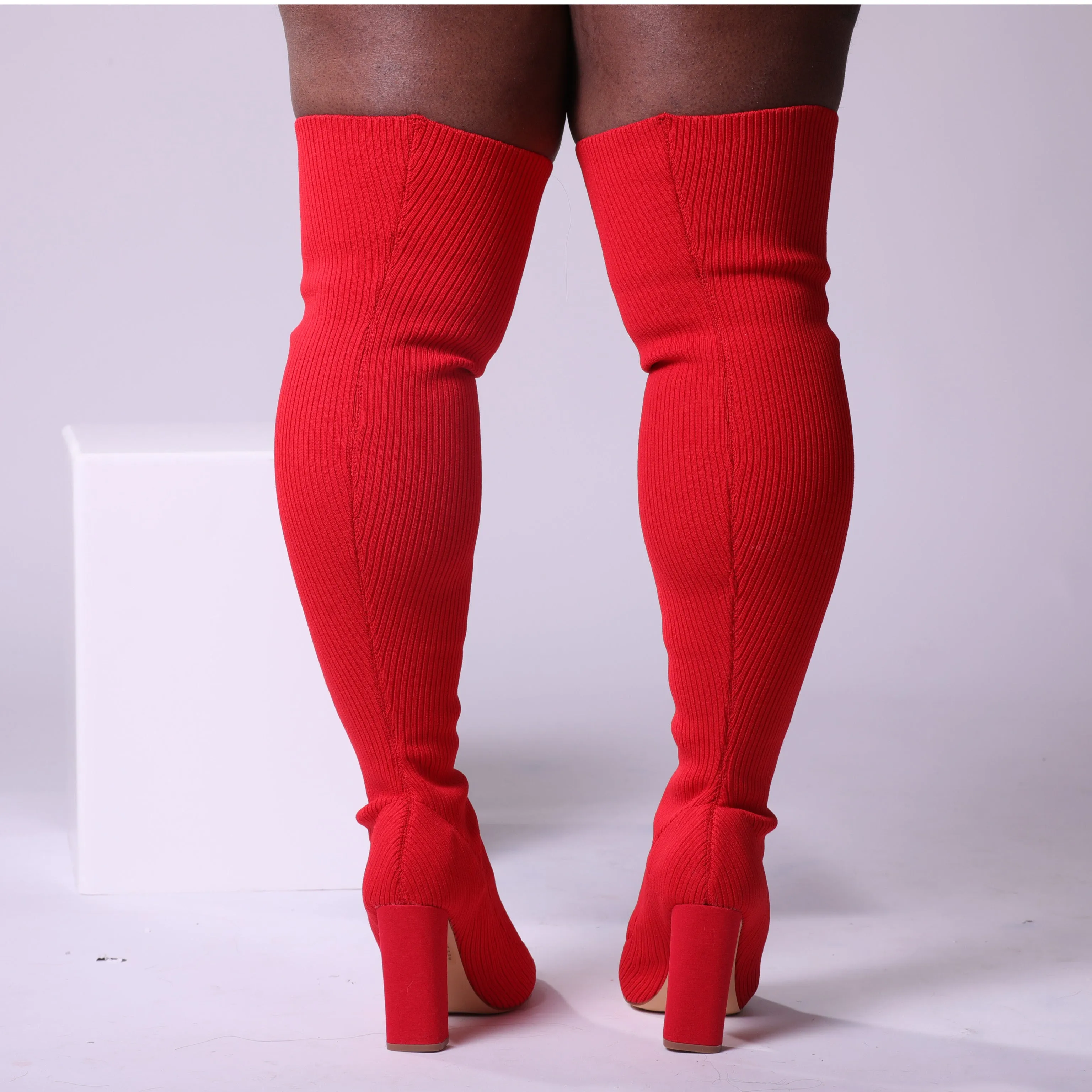 Red Thigh High Knit Sock Block Heel Boot