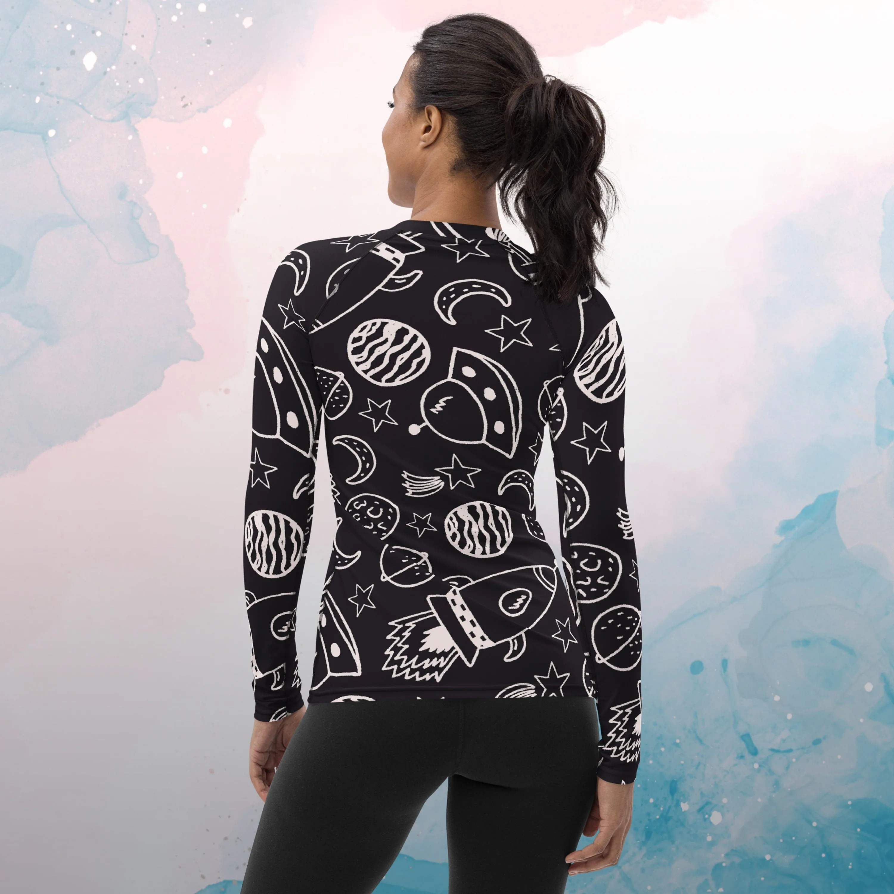 Rocket Ships and Planets Womens Rash Guard Workout Top