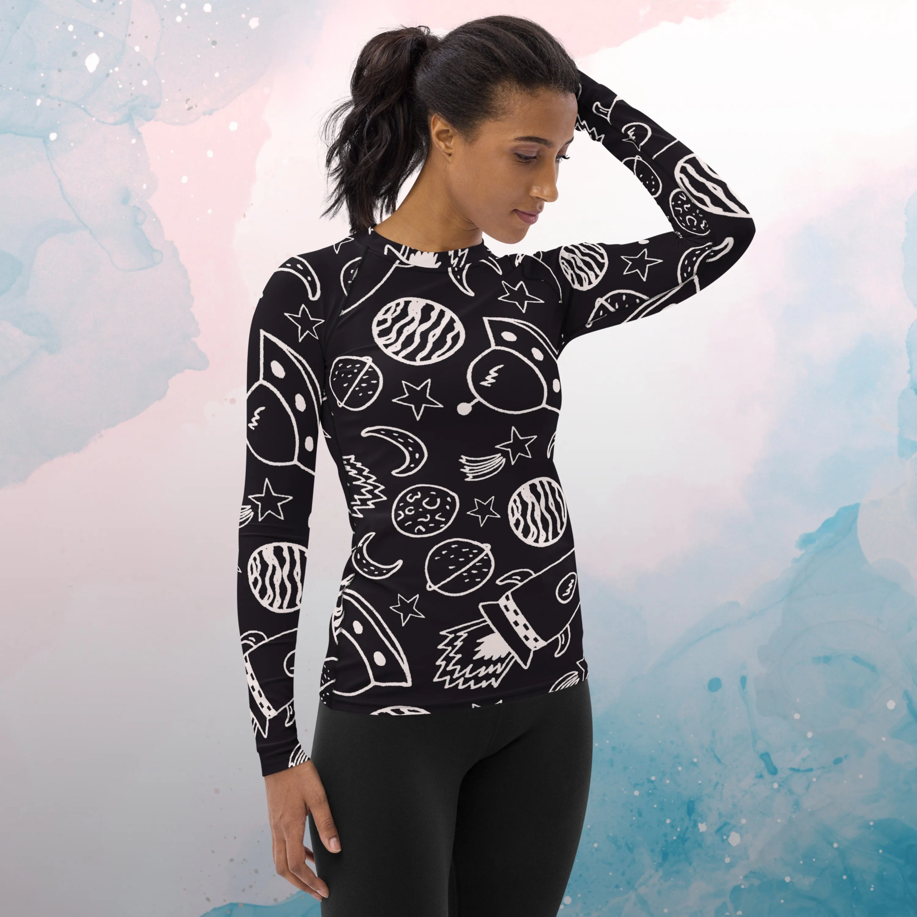 Rocket Ships and Planets Womens Rash Guard Workout Top