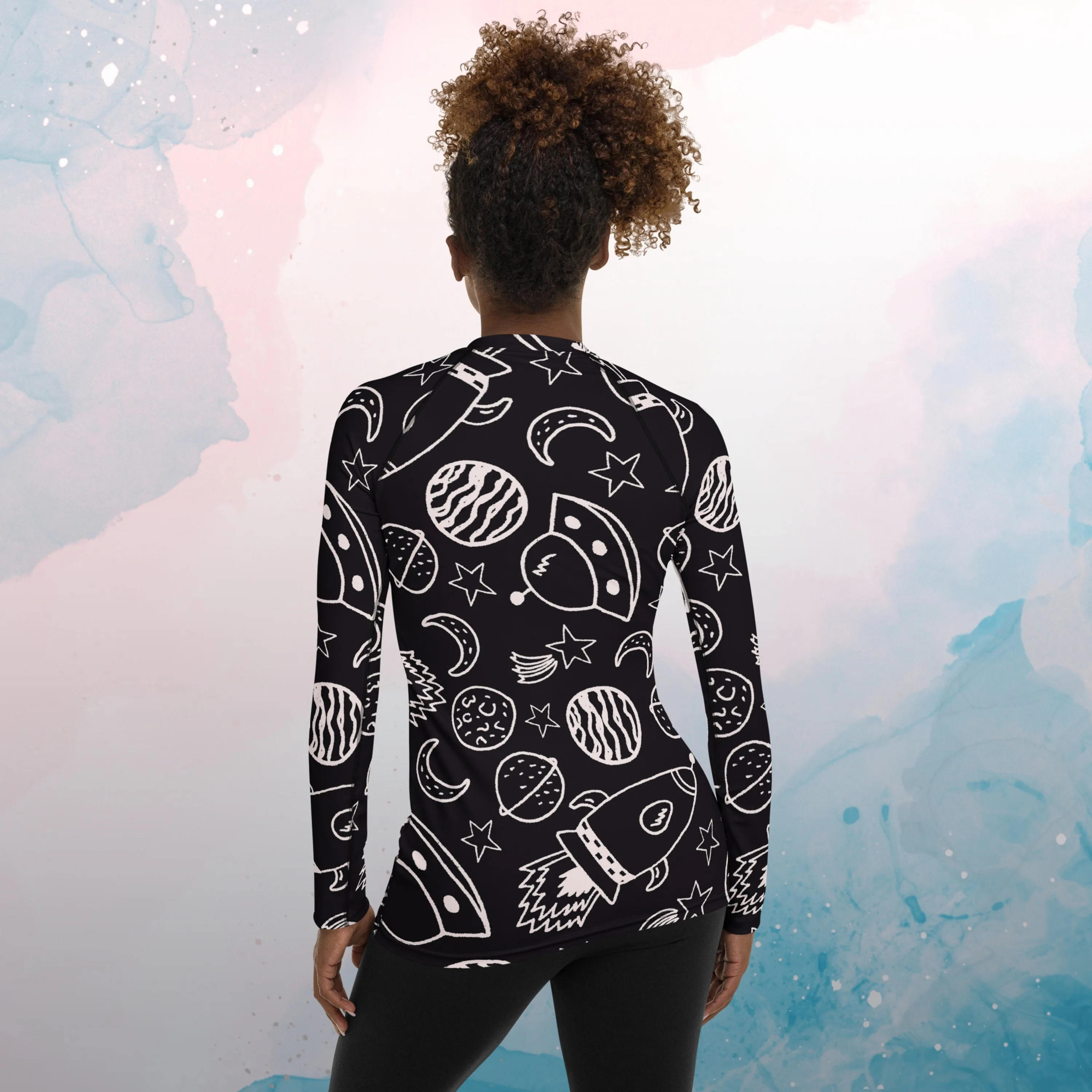 Rocket Ships and Planets Womens Rash Guard Workout Top