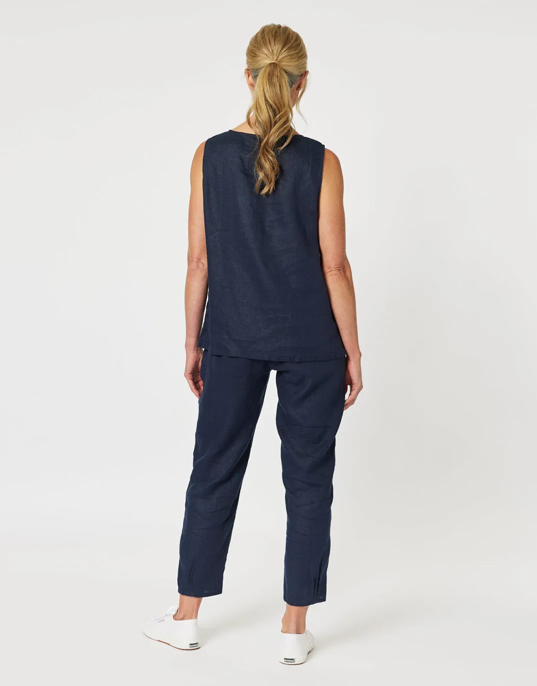 Sarah Rib Waist Linen Pants - Navy