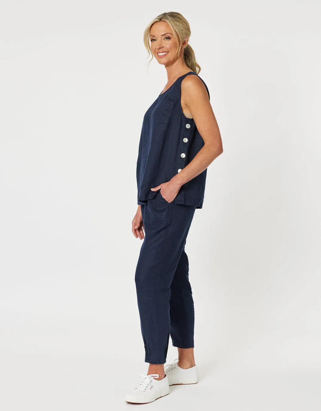 Sarah Rib Waist Linen Pants - Navy