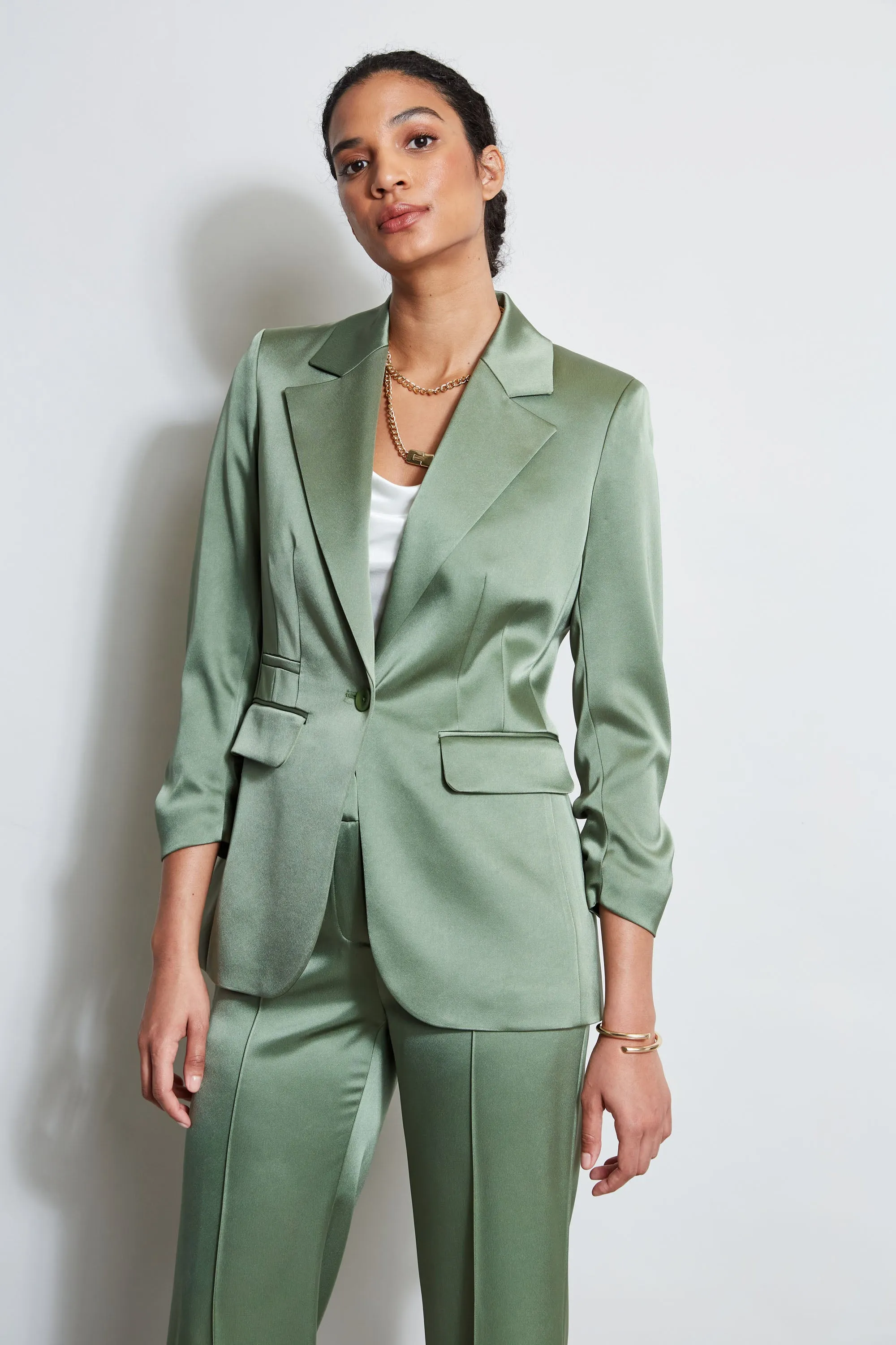 Satin Ruched Sleeve Blazer