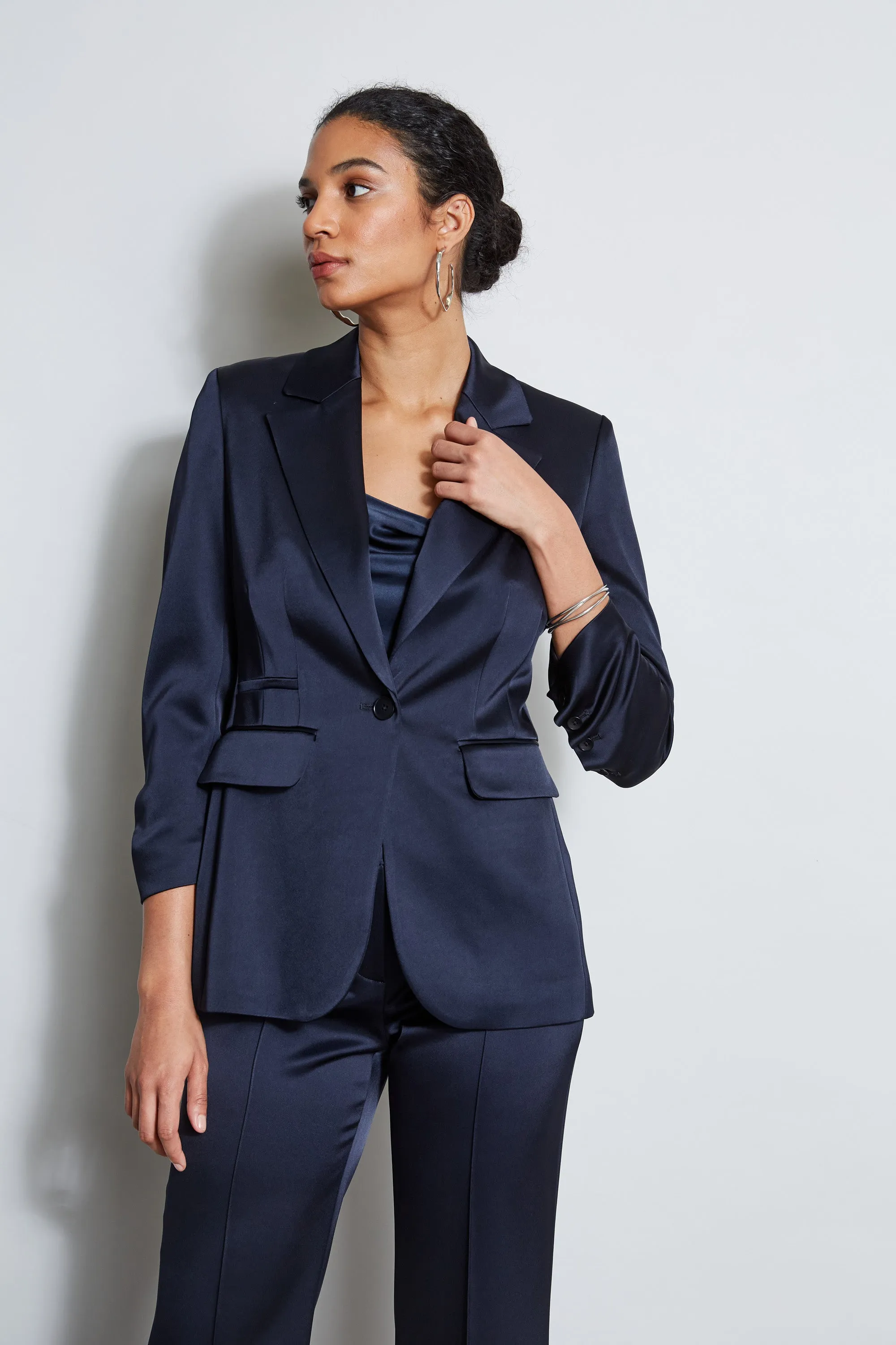 Satin Ruched Sleeve Blazer