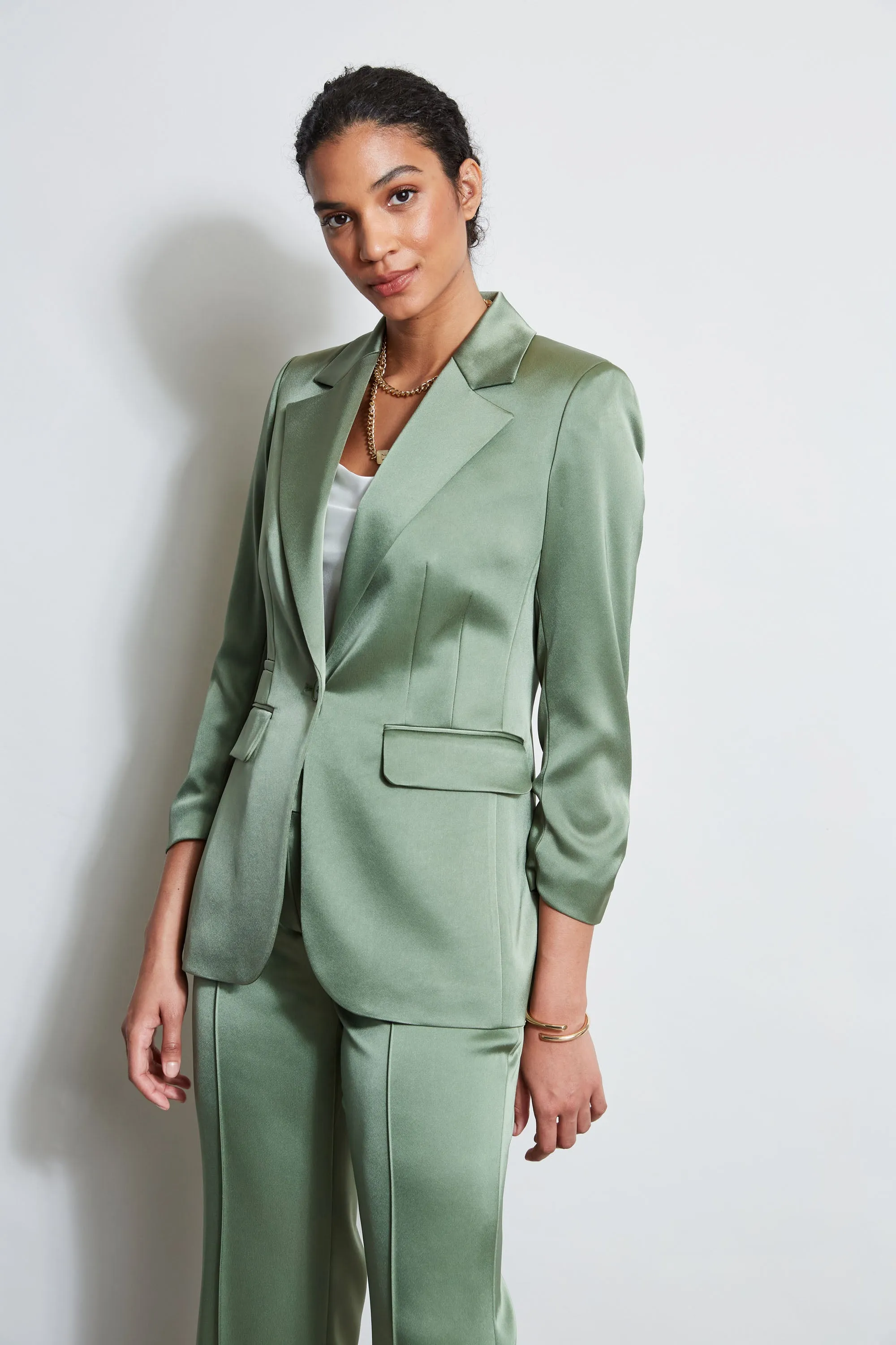 Satin Ruched Sleeve Blazer