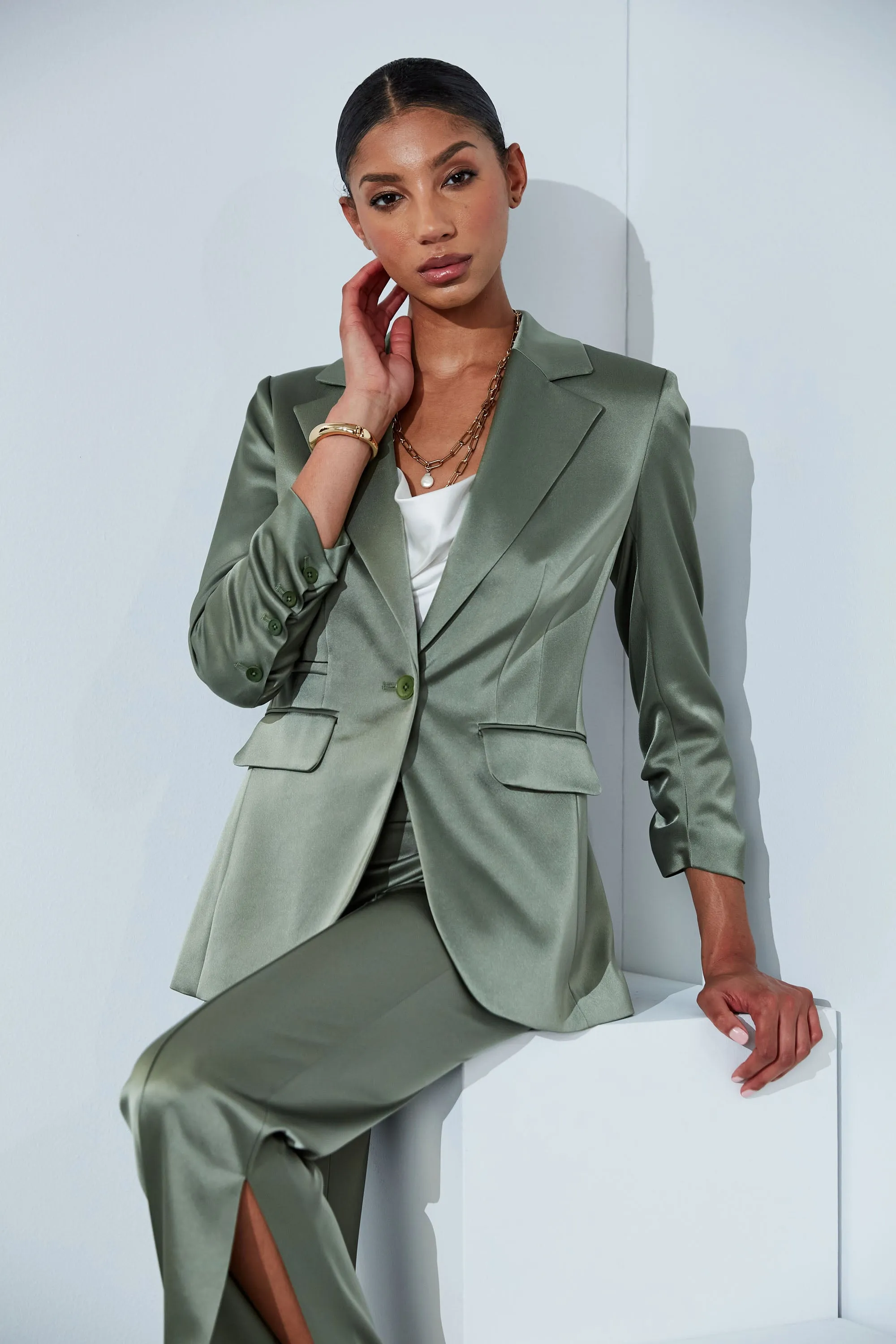 Satin Ruched Sleeve Blazer