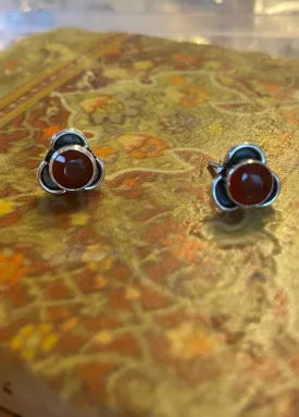 Solid Silver Carnelian Stud Earrings with Triple Curve Frame