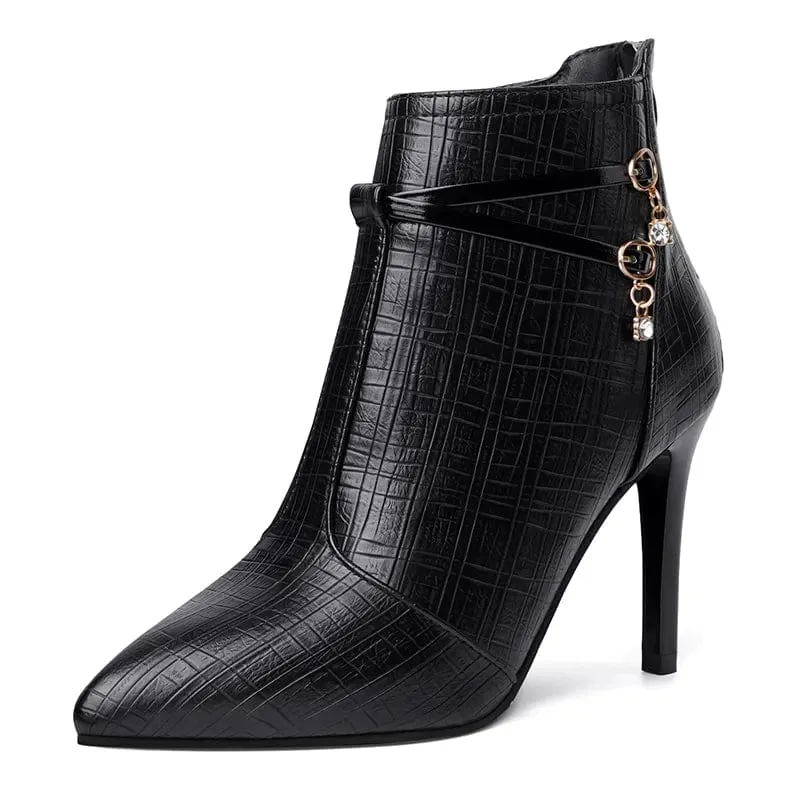 Stylish PU Leather Ankle Boots with Alluring Pointed Toe and Stiletto Heels for Women