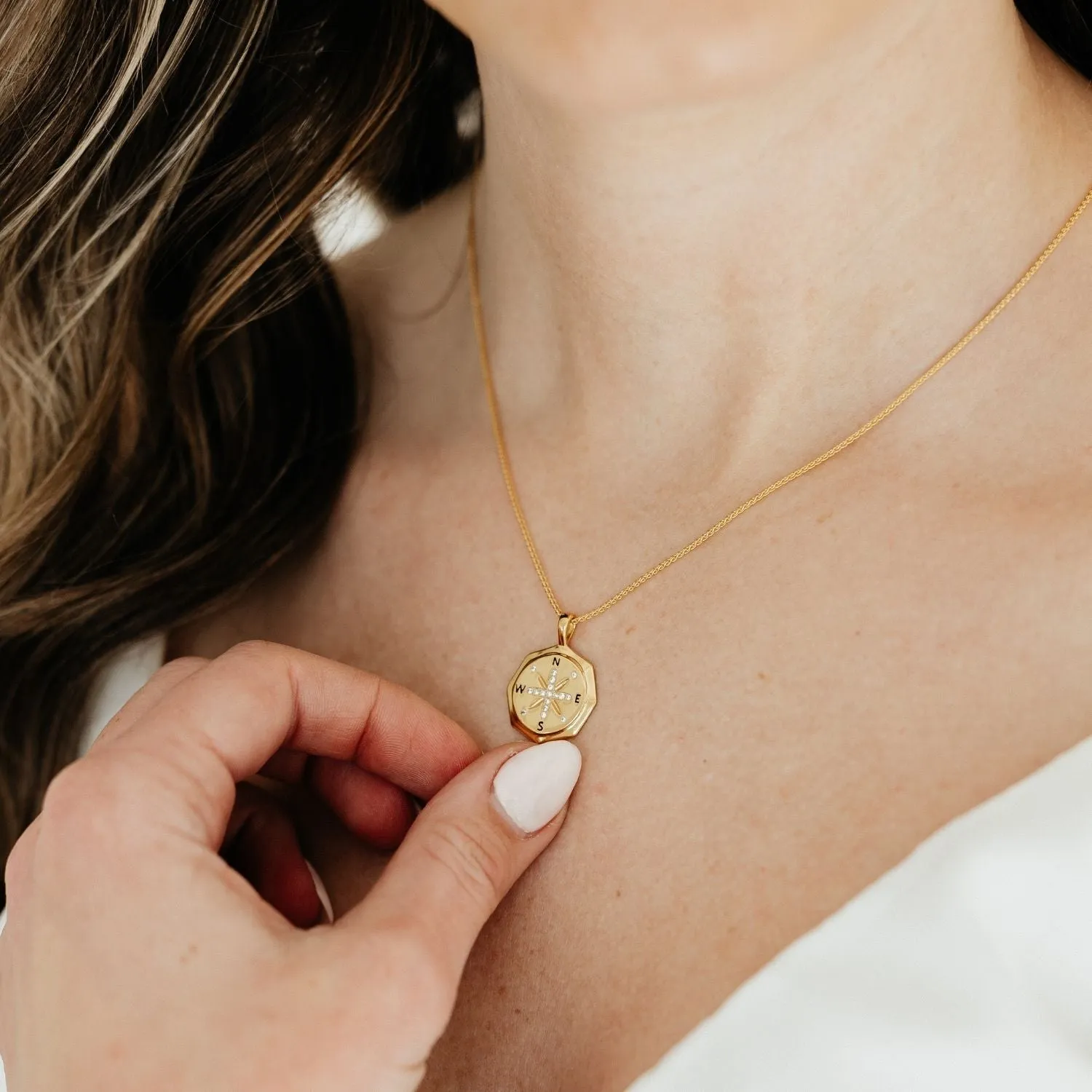 True North Compass Pendant with CZ Accents (Gold)