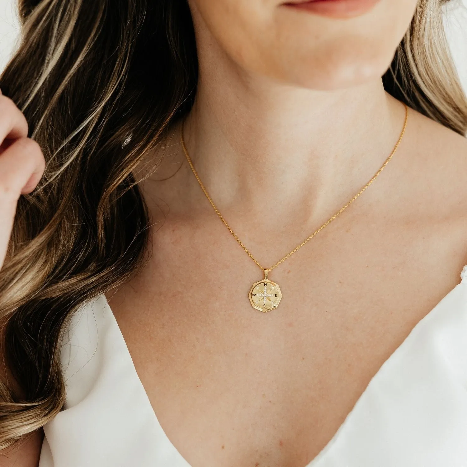 True North Compass Pendant with CZ Accents (Gold)