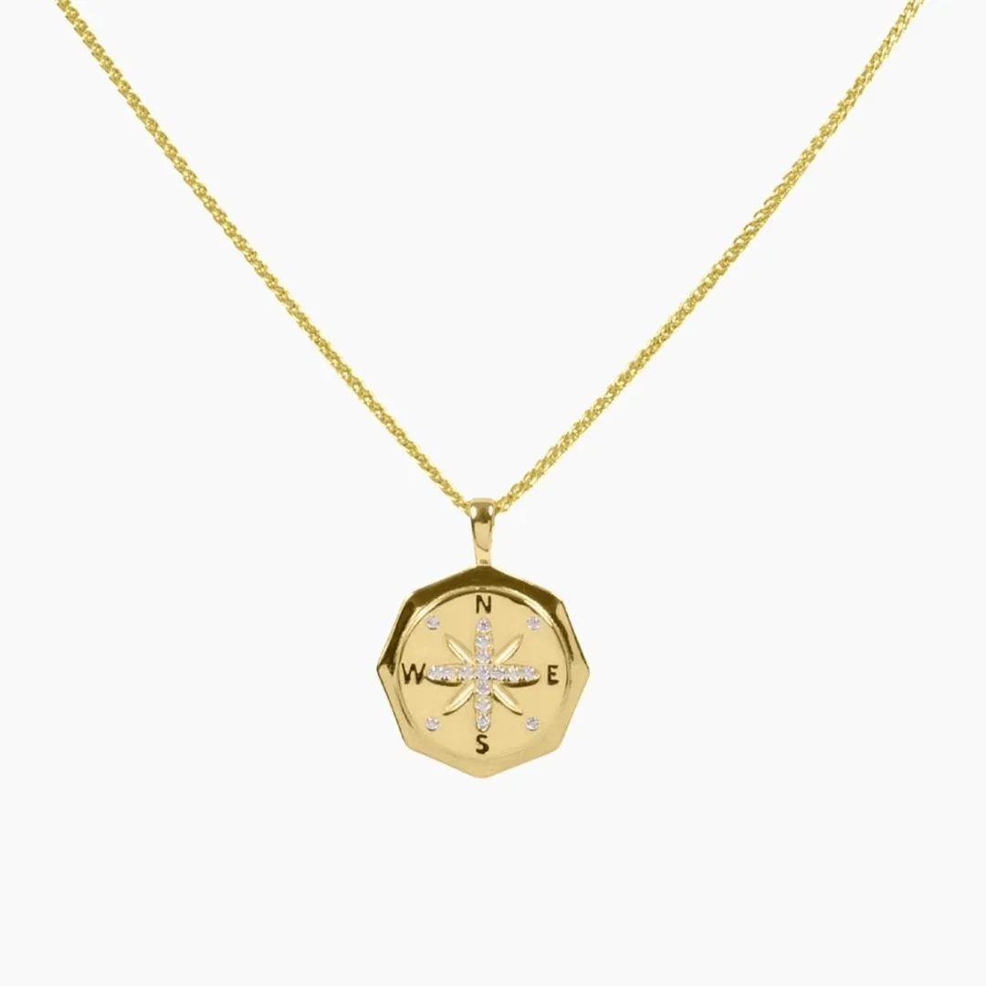 True North Compass Pendant with CZ Accents (Gold)