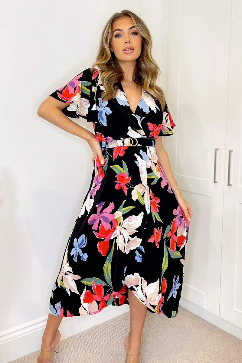 Willow Black Floral Multi Print Belted Midi Dress