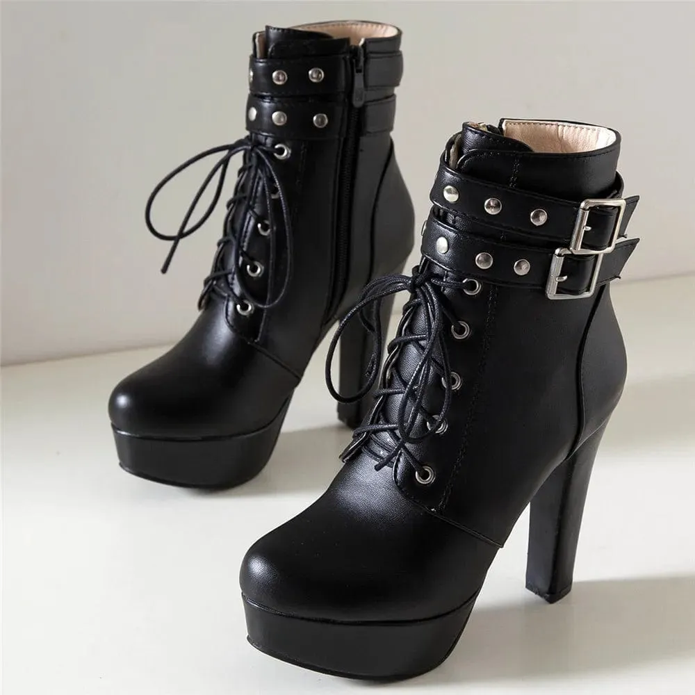 Women's Luxury Lace-Up Ankle Boots – Platform High Heels with Buckle, Sexy Short Boots