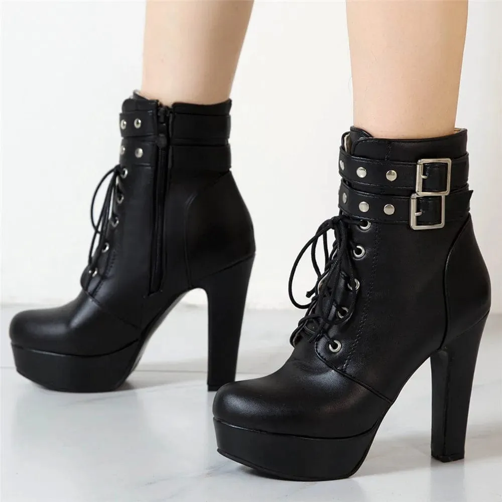 Women's Luxury Lace-Up Ankle Boots – Platform High Heels with Buckle, Sexy Short Boots