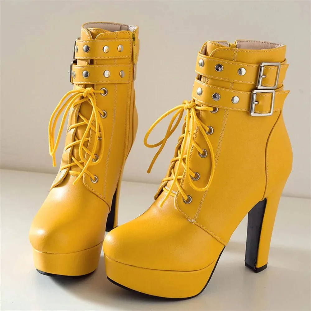 Women's Luxury Lace-Up Ankle Boots – Platform High Heels with Buckle, Sexy Short Boots