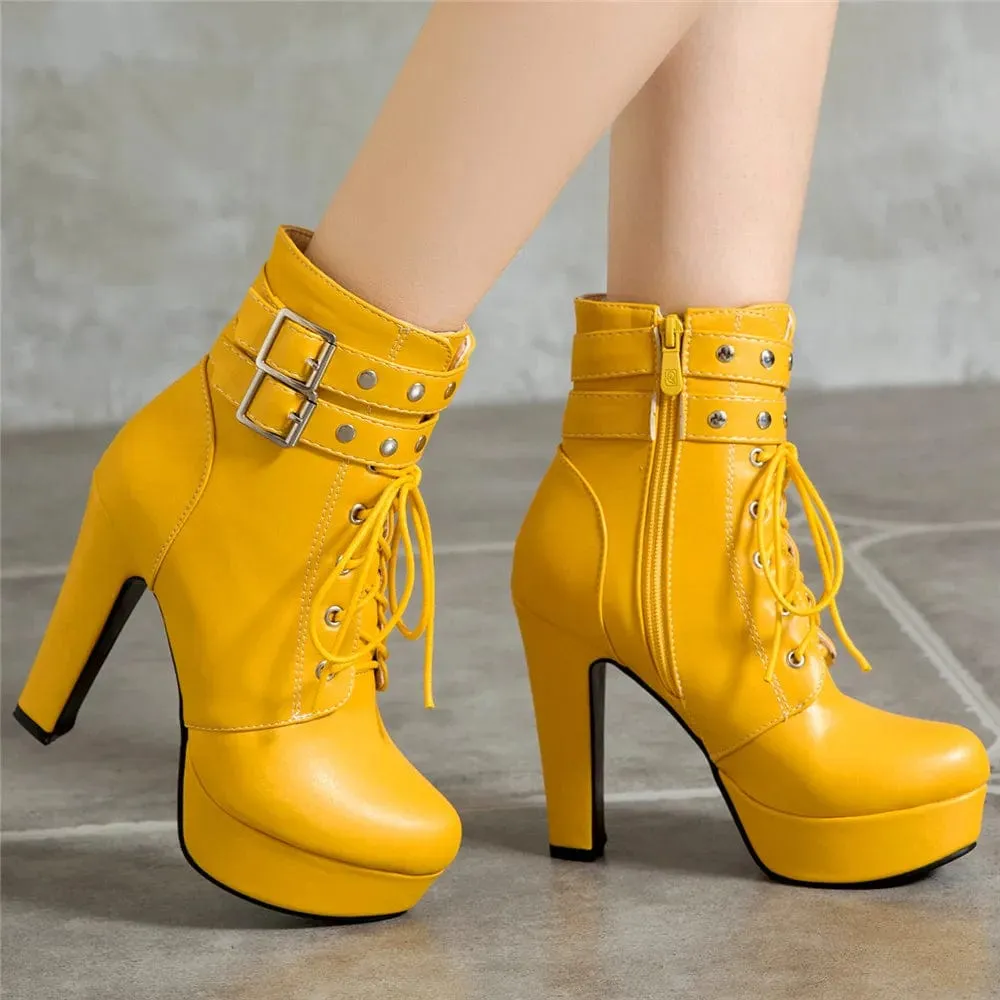 Women's Luxury Lace-Up Ankle Boots – Platform High Heels with Buckle, Sexy Short Boots