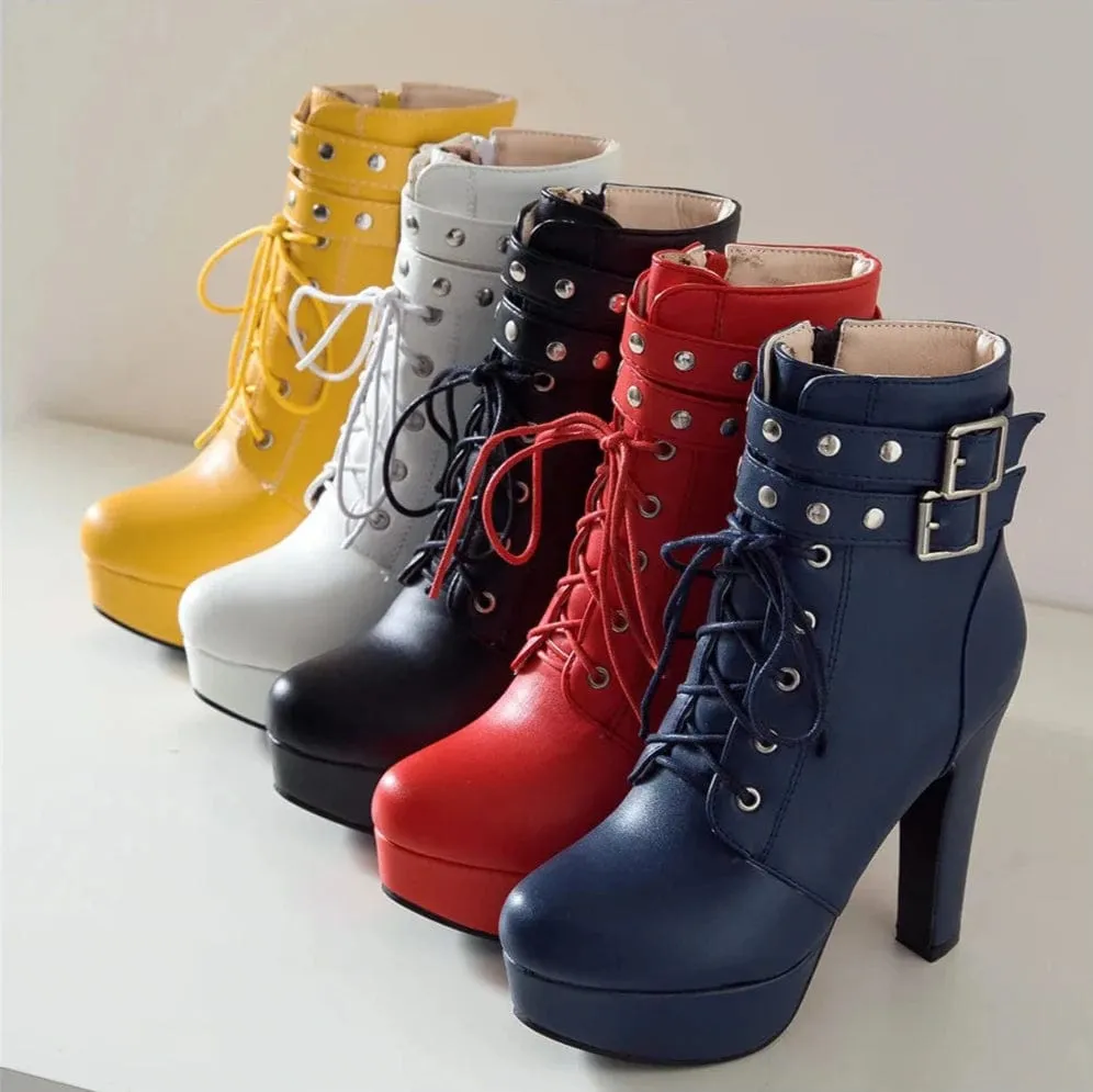 Women's Luxury Lace-Up Ankle Boots – Platform High Heels with Buckle, Sexy Short Boots