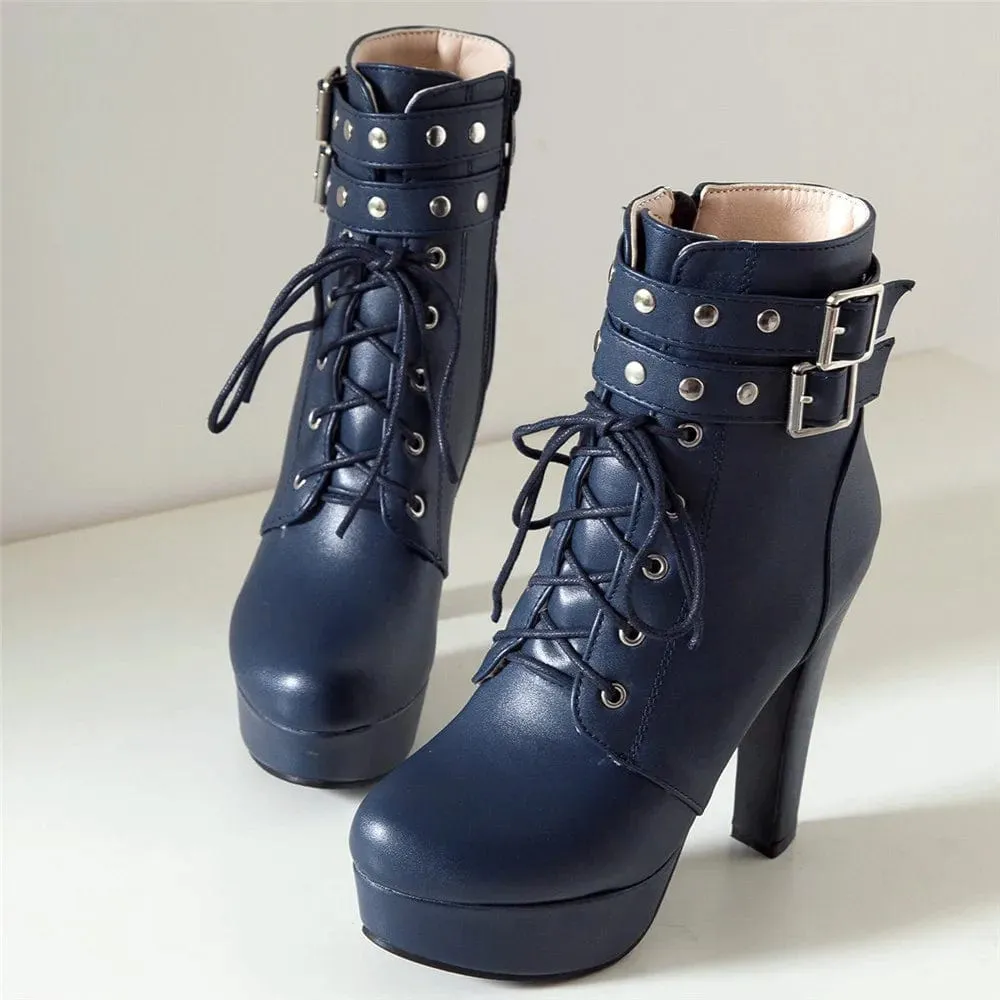 Women's Luxury Lace-Up Ankle Boots – Platform High Heels with Buckle, Sexy Short Boots