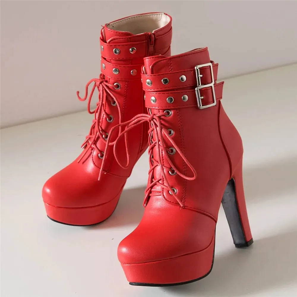 Women's Luxury Lace-Up Ankle Boots – Platform High Heels with Buckle, Sexy Short Boots