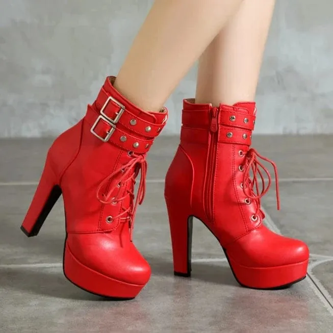 Women's Luxury Lace-Up Ankle Boots – Platform High Heels with Buckle, Sexy Short Boots