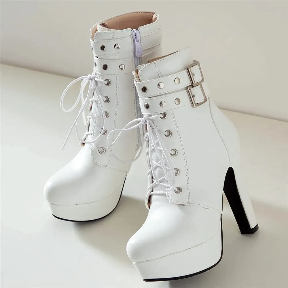 Women's Luxury Lace-Up Ankle Boots – Platform High Heels with Buckle, Sexy Short Boots