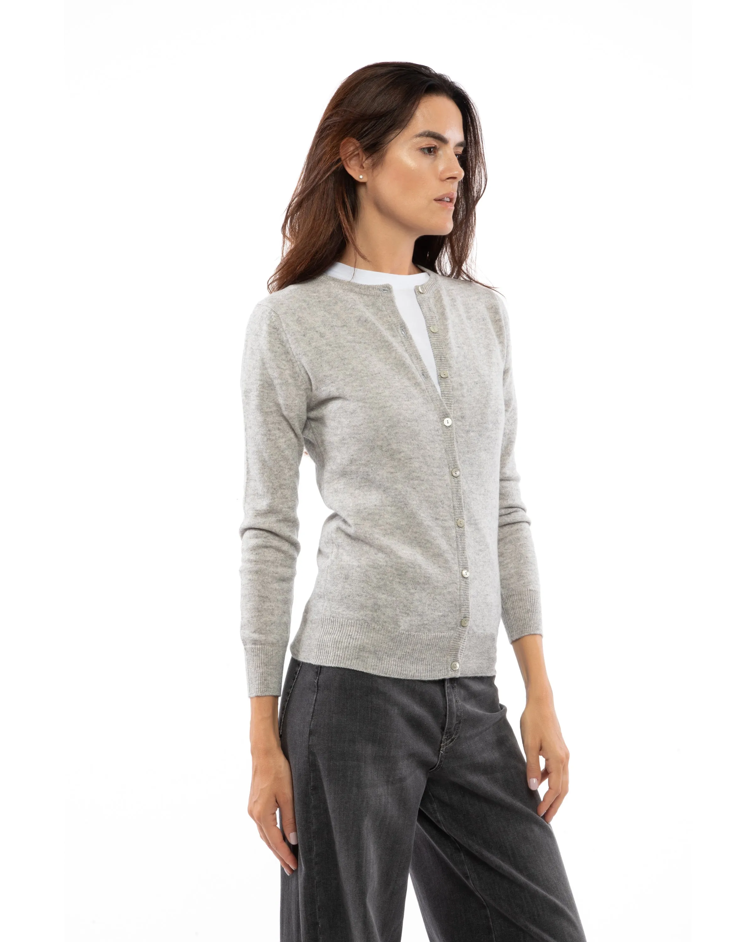 Women's Pure Cashmere Crewneck Cardigan Light Gray